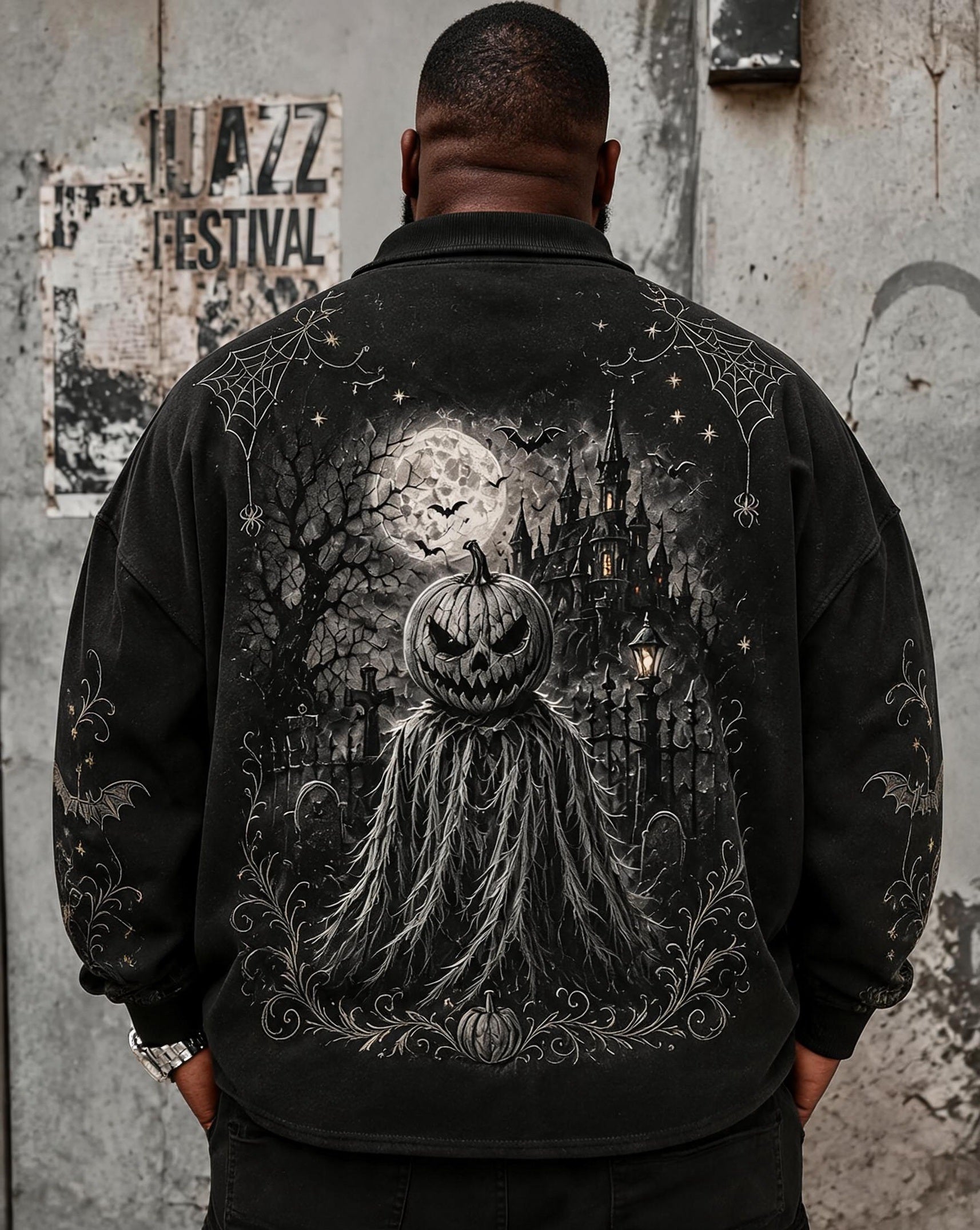 Big & Tall Men's Halloween Dark Castle Pumpkin Ghost Spider Print POLO Collar Zipper Long Sleeve