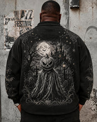 Big & Tall Men's Halloween Dark Castle Pumpkin Ghost Spider Print POLO Collar Zipper Long Sleeve