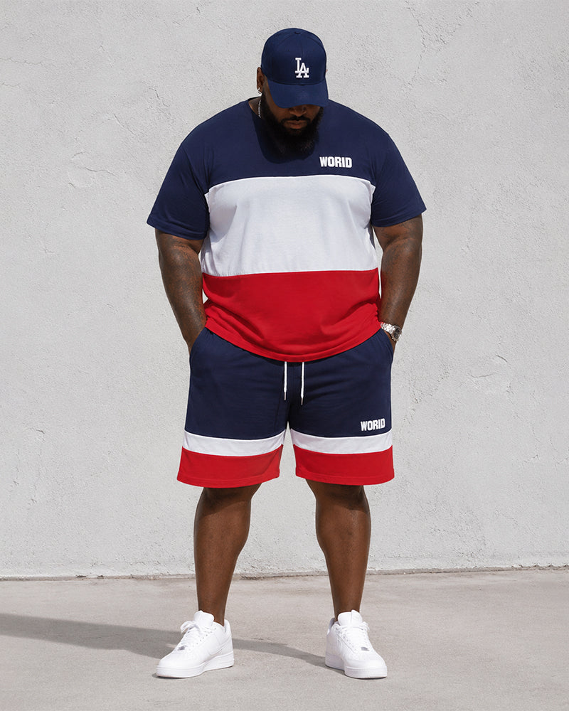 Big & Tall Men's Color Contrast WORID Alphabet Print Round Neck Short Sleeve T-Shirt Shorts Set