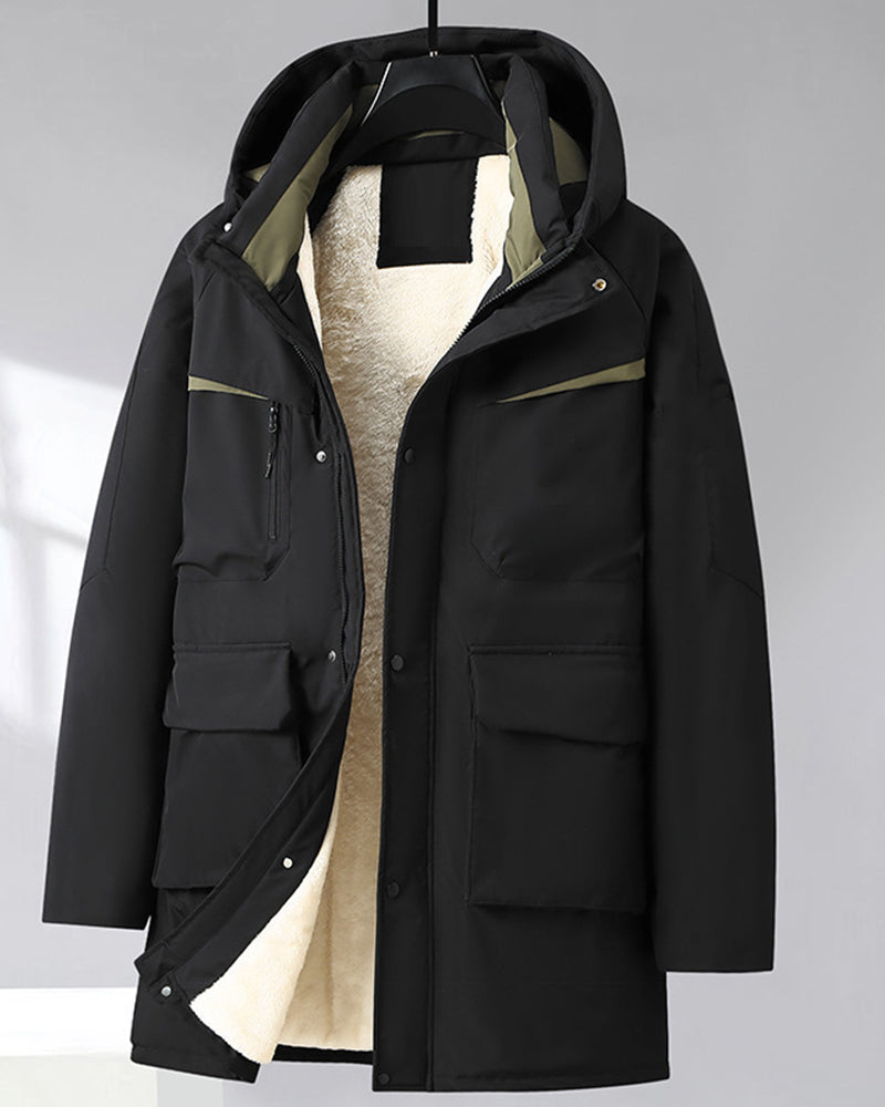 6XL-13XL Fleece-lined Three-proof Men's Mid-length Hooded Jacket