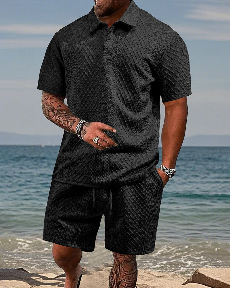 S-5XL Jacquard Men's Casual Sports Lapel Polo Shirt Short Sleeve Suit