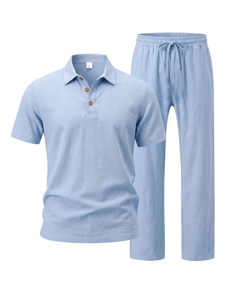 S-3XL Linen Lapel Short Sleeve Trousers Casual Suit