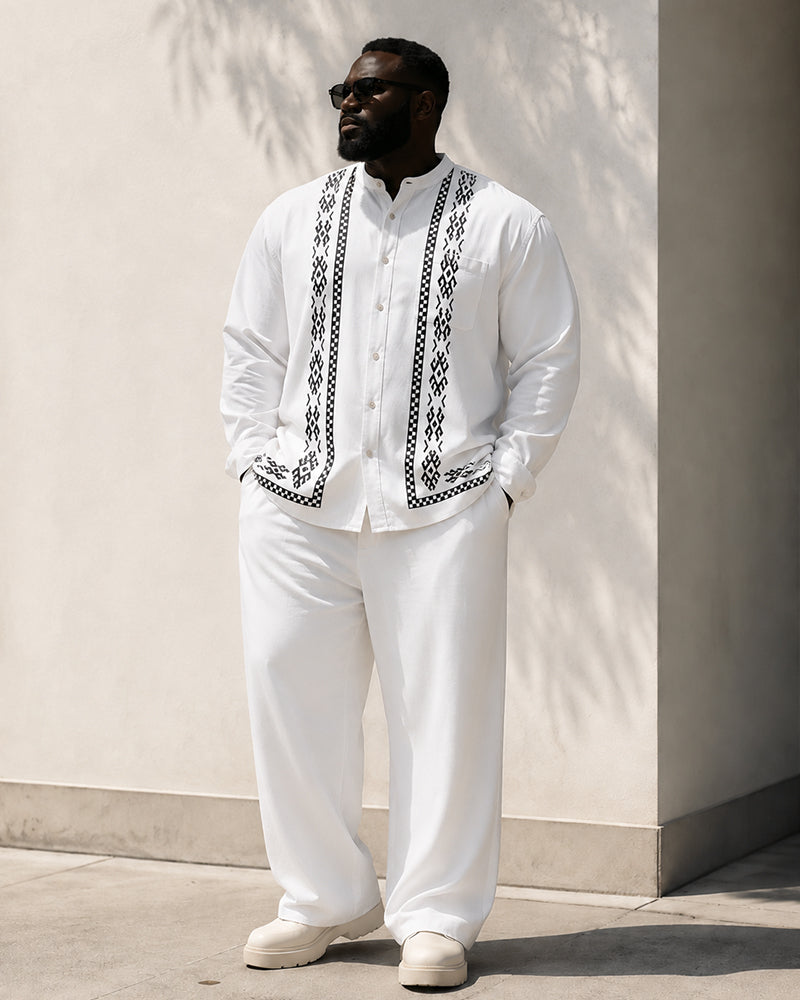 Big & Tall Men's Ethnic Style Printed Collar Long Sleeve Shirt Trousers Suit