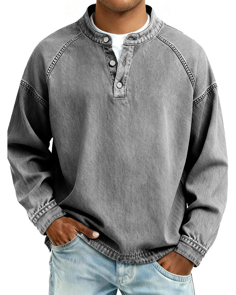 S-4XL Solid Color Old Washable Cotton Henley Collar Long Sleeve