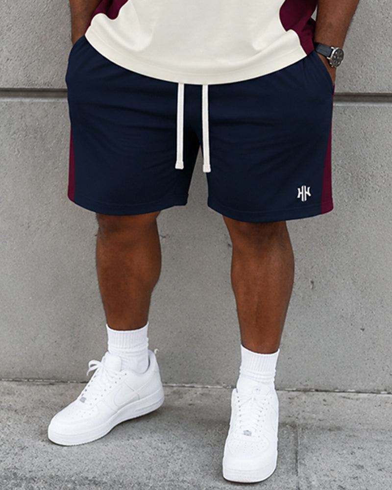 Big & Tall Men's Navy Blue Stitching Contrast Printed Crew Neck Short Sleeve T-shirt Shorts Set