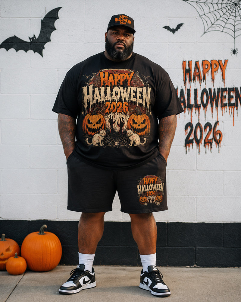 Big & Tall Men's 20.26 Million Halloween Pumpkin Black Cat Spider Splash Ink Printed Round Neck Short Sleeve T-Shirt Shorts Set