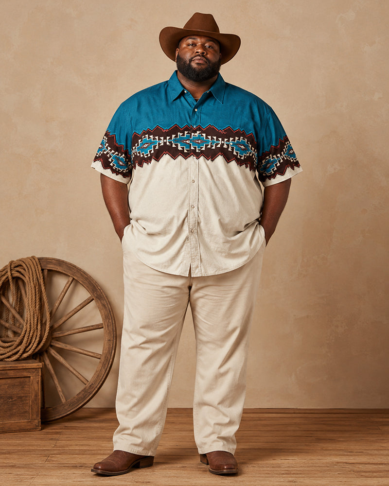 Big & Tall Men's Blue And White Contrast Navajo Geometric Print Short Sleeve Shirt Pants Set
