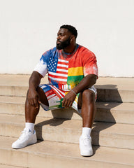 Big & Tall Men's Reggae Color Drip American Flag Printed Round Neck Short Sleeve T-Shirt Shorts Set