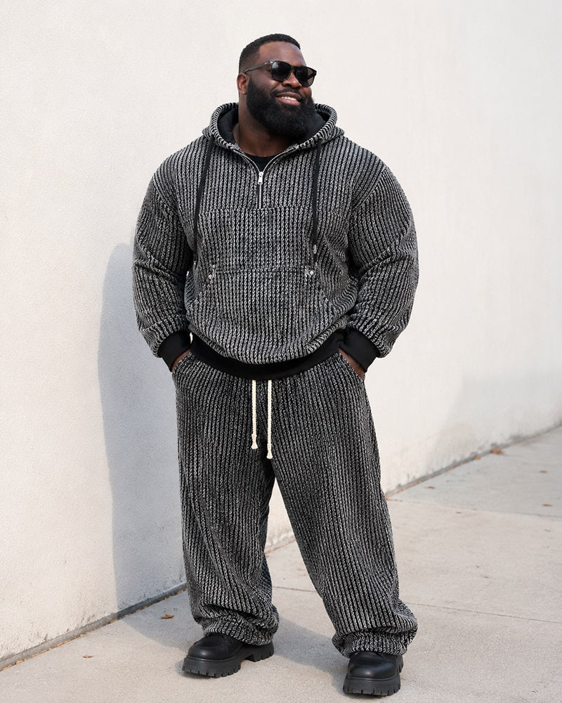 M–8XL Plus‑Size Men’s Houndstooth Half‑Zipped Hoodie Set