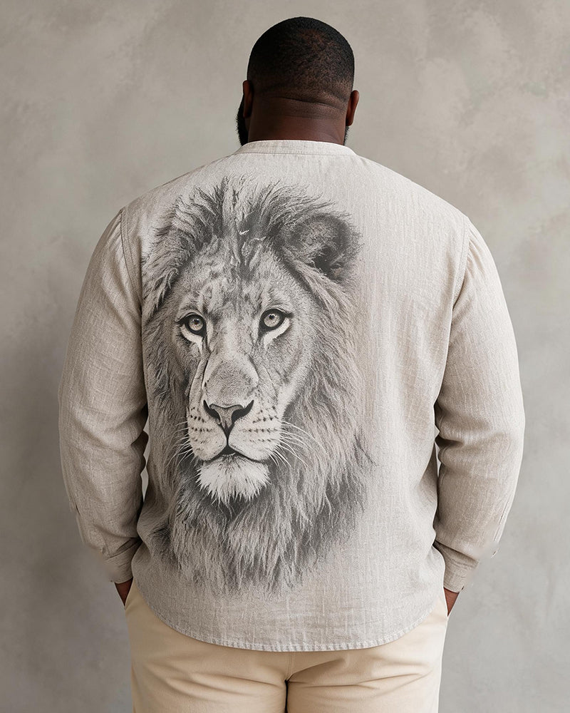Big & Tall Men's Half Lion Sketch Art Print Collar Long Sleeve Shirt