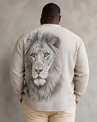 Big & Tall Men's Half Lion Sketch Art Print Collar Long Sleeve Shirt