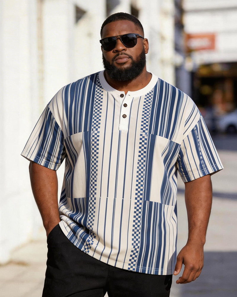 Big & Tall Men's Blue And White Striped Checkerboard Printed Henry Collar Button Short Sleeve T-shirt