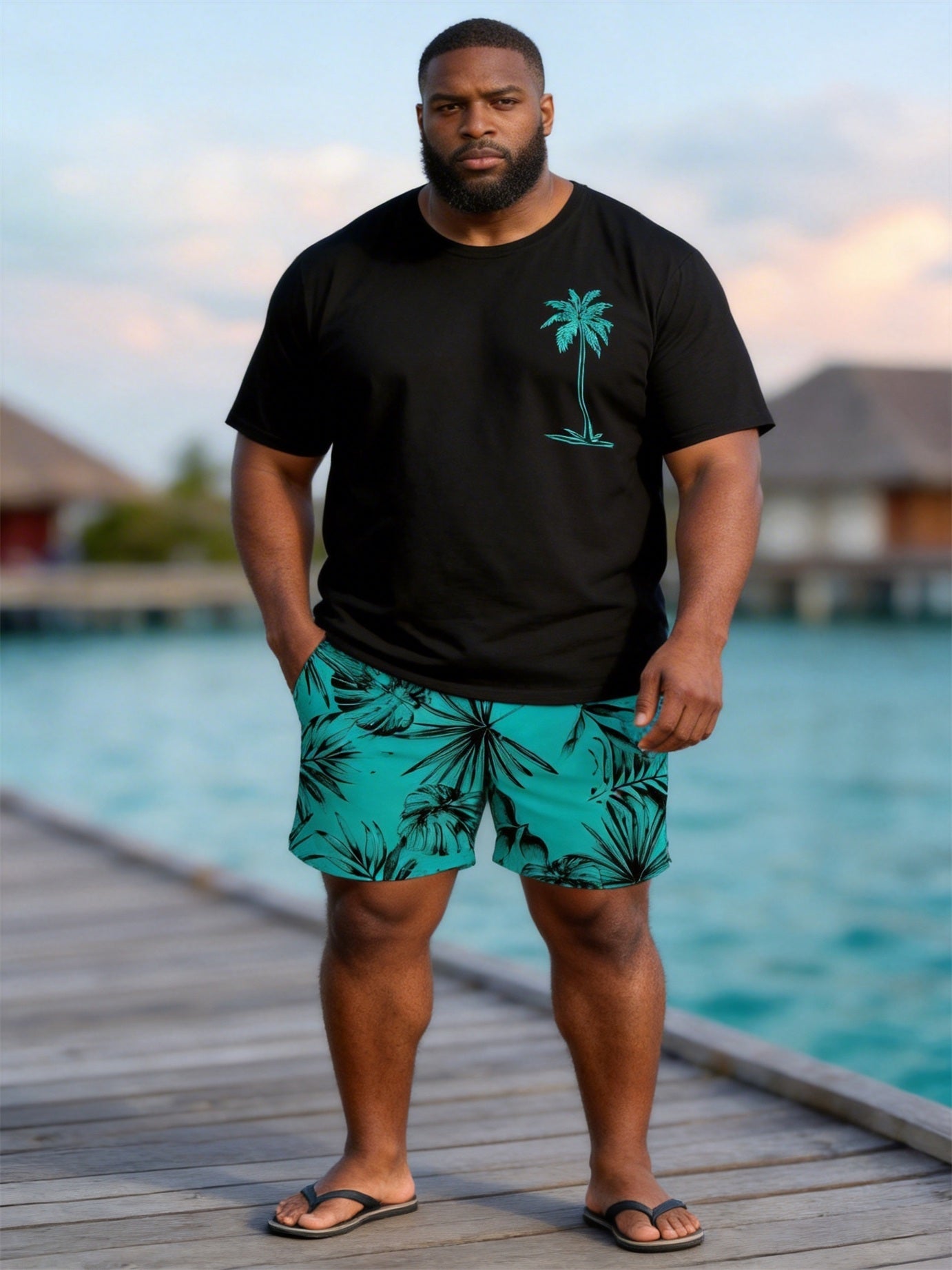 Big & Tall Men's Palm Leaf Coconut Print Round Neck Short Sleeve T-Shirt Shorts Set