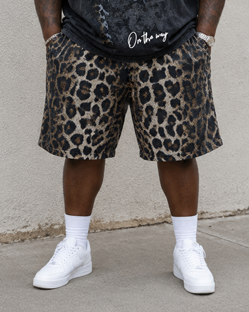 Big & Tall Men's Front And Back Printed Black Leopard Printed Round Neck Short Sleeve T-shirt Shorts Set