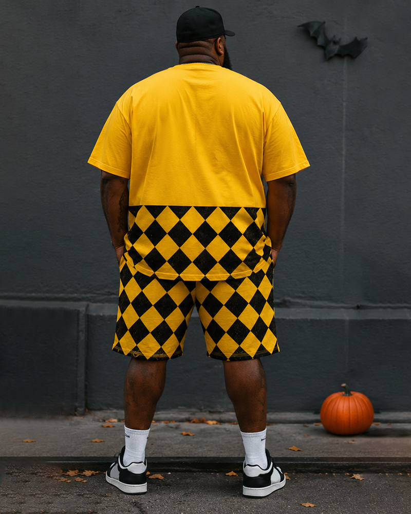 Big & Tall Men's Retro Distressed Big Eyes Yellow And Black Diamond Check Printed Crew Neck Short Sleeve T-shirt Shorts Set