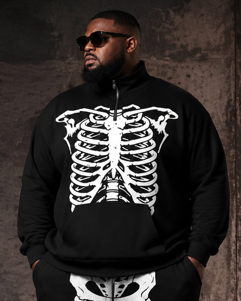 Big & Tall Men's Black And White Skull Skeleton Printed Half-Zip Sweat Set