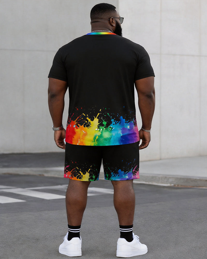Big & Tall Men's Rainbow Splash Ink Heartbeat Dachshund Printed Round Neck Short Sleeve T-Shirt Shorts Set