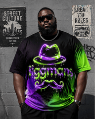 Big & Tall Men's Purple Green Gradient Hat Printed Round Neck Short Sleeve T-shirt