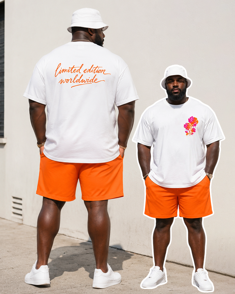 Big & Tall Men's Gradient Rose Handwritten English Printed Round Neck Short Sleeve T-shirt Shorts Set