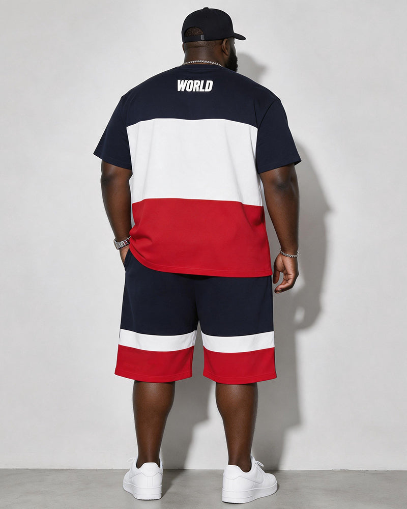 Big & Tall Men's Color Contrast WORID Alphabet Print Round Neck Short Sleeve T-Shirt Shorts Set