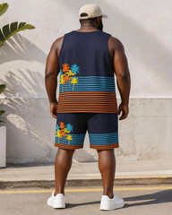 Big & Tall Men's Color Contrast Horizontal Stripe Coconut Tree Print Vest Shorts Set