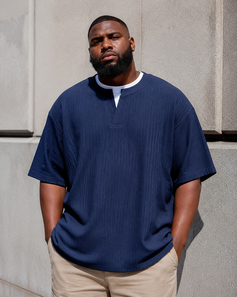 M-8XL Fake Two-Piece Henry Collar Short-Sleeve Tee