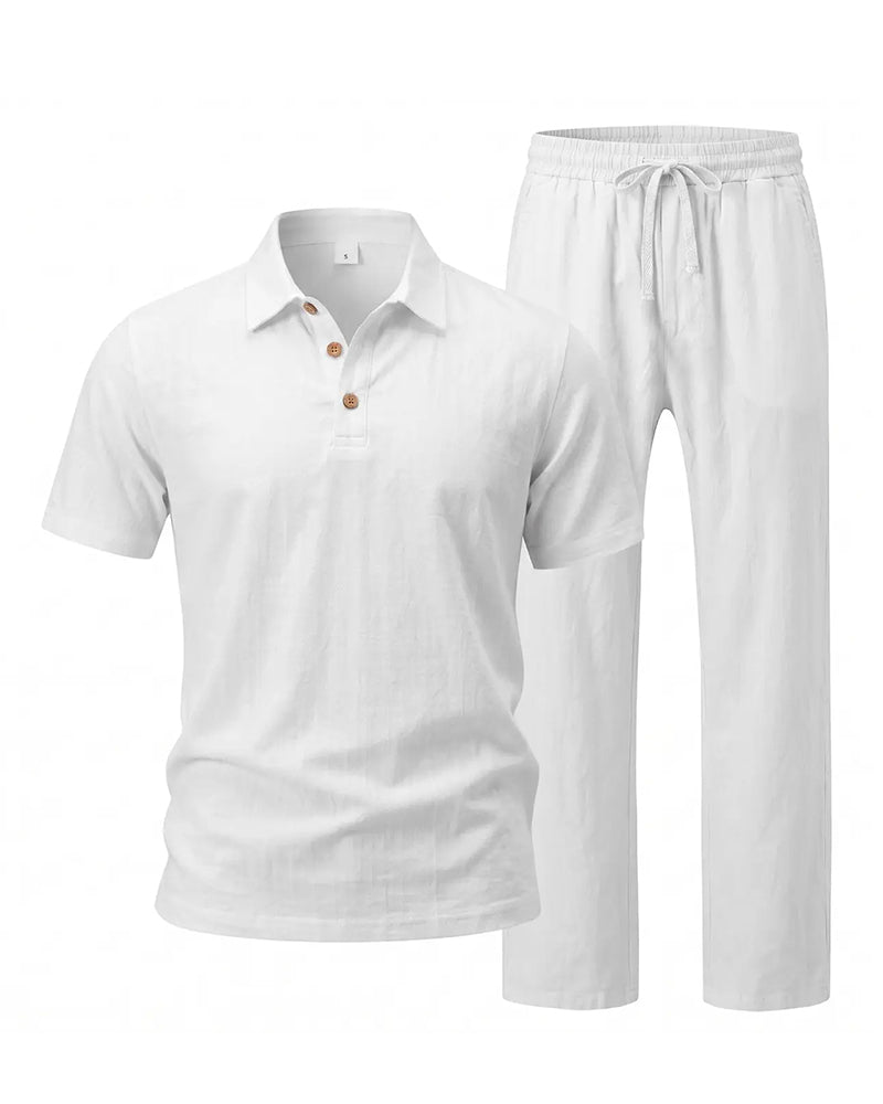 S-3XL Linen Lapel Short Sleeve Trousers Casual Suit