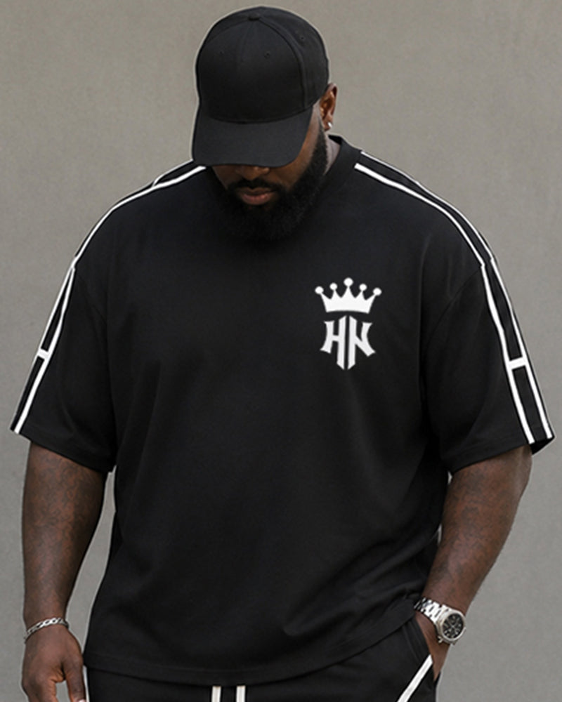 Big & Tall Men's Black And White Line Crown Print Round Neck Short Sleeve T-shirt Shorts Set