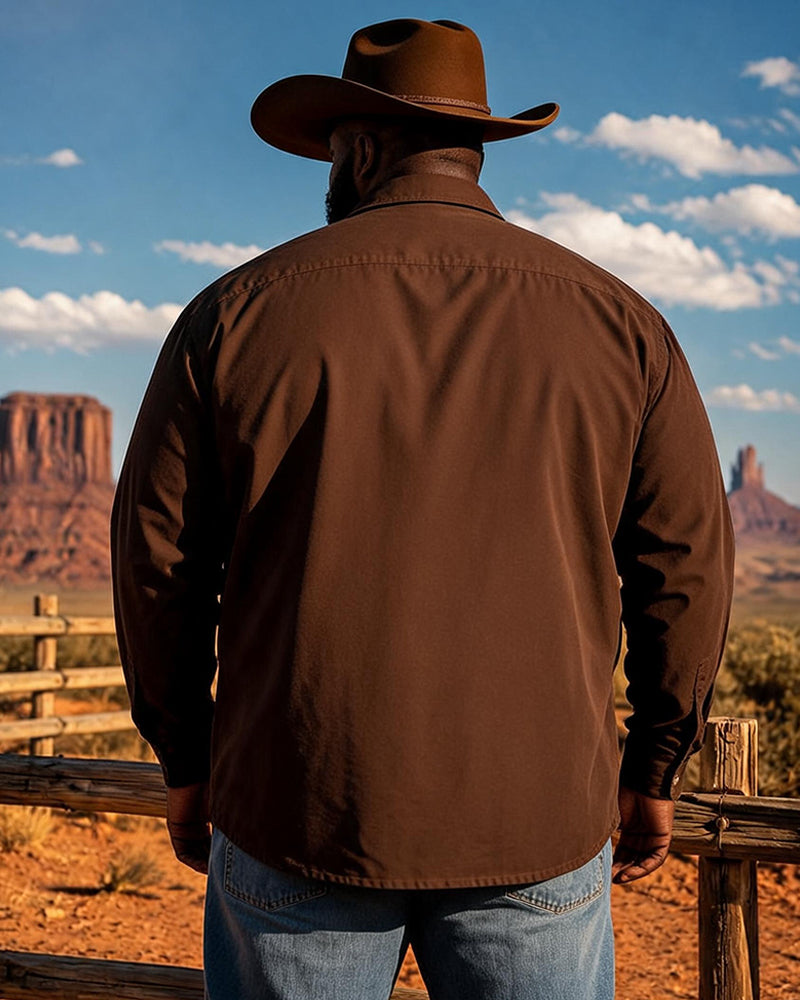 Big & Tall Men's Brown Sunflower Swallow Print Long Sleeve Shirt