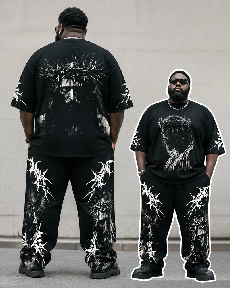 Big & Tall Men's Crown Of Thorns Jesus Head Printed T-Shirt Trousers Set