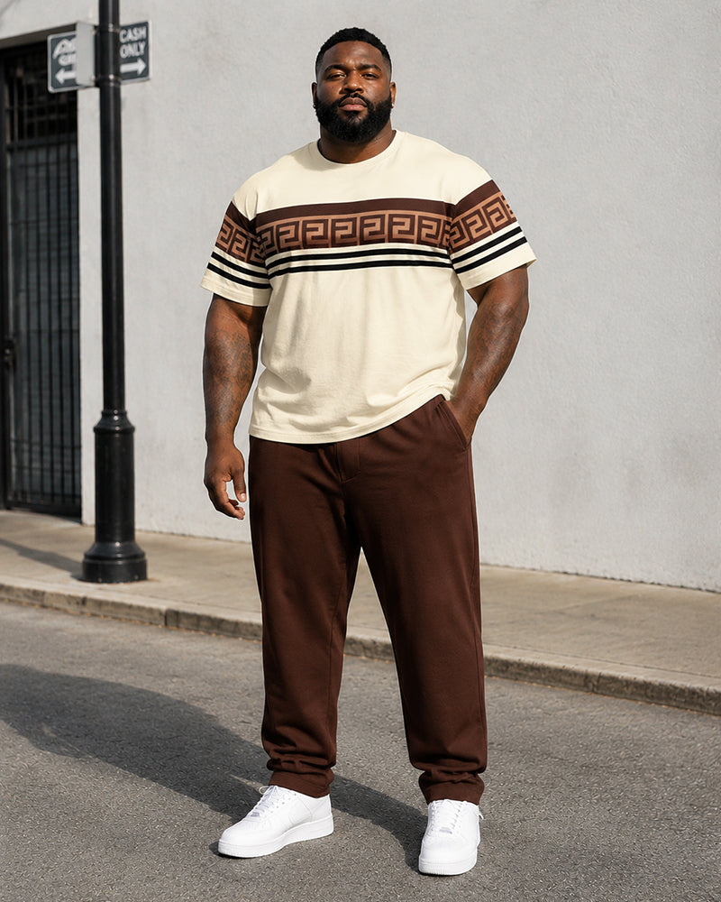 Big & Tall Men's Off-white Contrast Striped Printed T-shirt Trousers Set