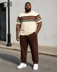 Big & Tall Men's Off-white Contrast Striped Printed T-shirt Trousers Set