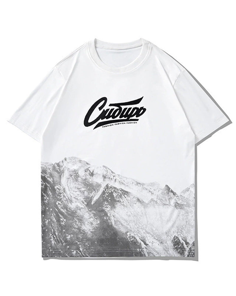 M-8XL Mountains Letter-Print Short-Sleeve Tee