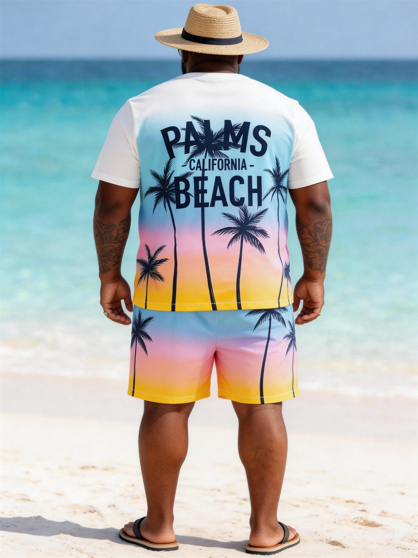 Big & Tall Men's Palm Beach Gradient Print Crew Neck Short Sleeve T-shirt Shorts Set