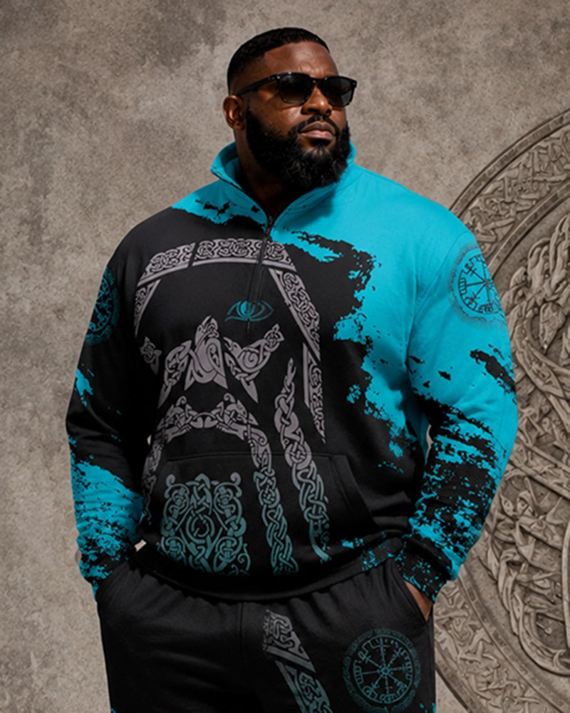 Big & Tall Men's Contrast Viking Rune Eye Print Half-Zip Sweat Set