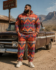 Big & Tall Men's Retro Western Style Diamond Totem Printed Half Zipper Sweater Set