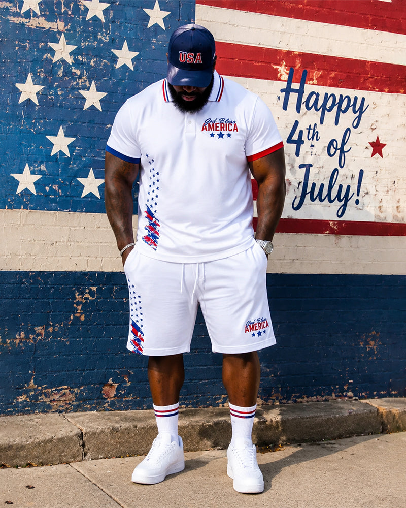 Big & Tall Men's God Bless America Letter Flag Print POLO Short Sleeve Shorts Set