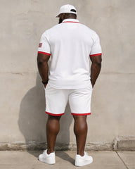 Big & Tall Men's Flag Rocket Print POLO Short Sleeve Shorts Set