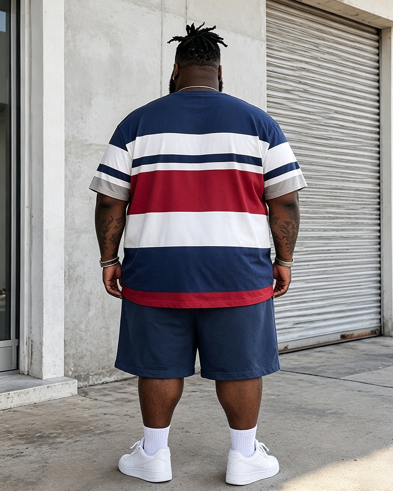 Big & Tall Men's Color Contrast Striped Flying Eagle Printed Crewneck Short Sleeve T-Shirt Shorts Set