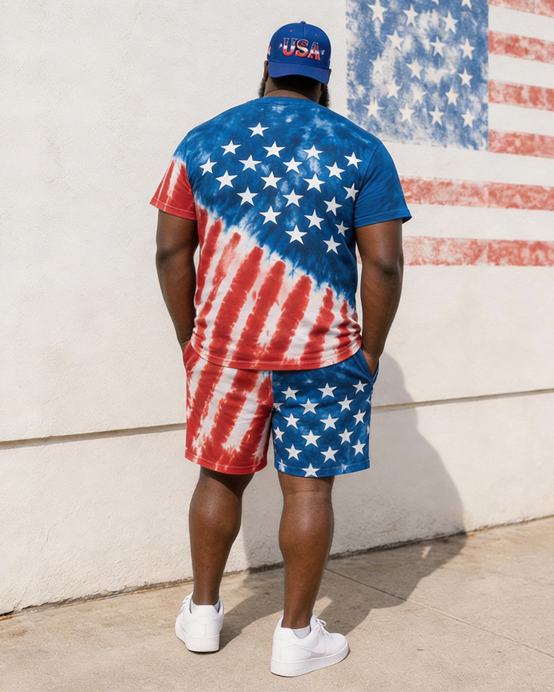 Big & Tall Men's Tie-dye Star-stripe Contrast Printed Crew Neck Short Sleeve T-shirt Shorts Set