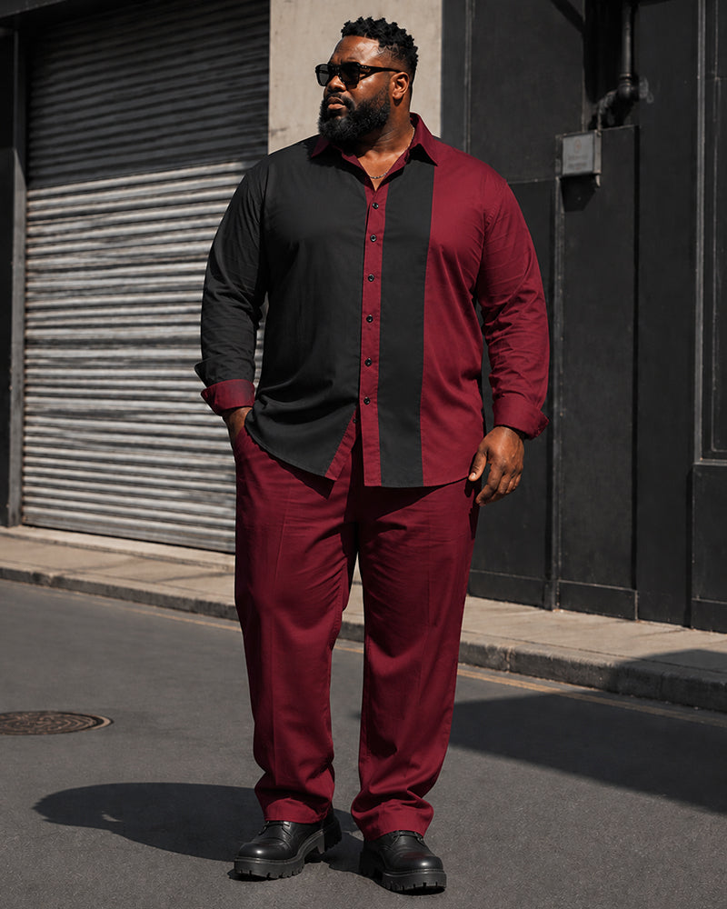 Big & Tall Men's Black And Red Vertical Strip Contrast Printed Long Sleeve Shirt Pants Set