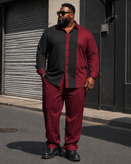 Big & Tall Men's Black And Red Vertical Strip Contrast Printed Long Sleeve Shirt Pants Set