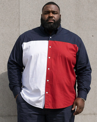 Big & Tall Men's Navy Blue, White And Red Contrast Stitching Printed Long Sleeve Shirt And Trousers Set