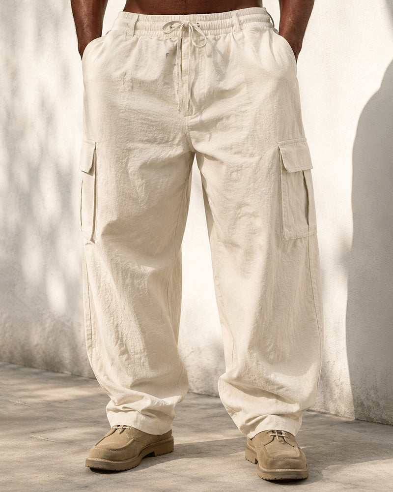 S-3XL Men's Cotton And Linen Overalls Multi-pocket Loose-fit Trousers