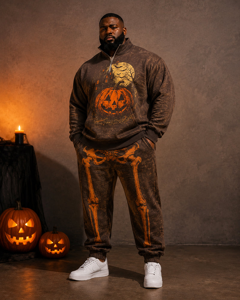 Big & Tall Men's Retro Distressed Pumpkin Skull Skeleton Printed Half Zipper Sweater Set
