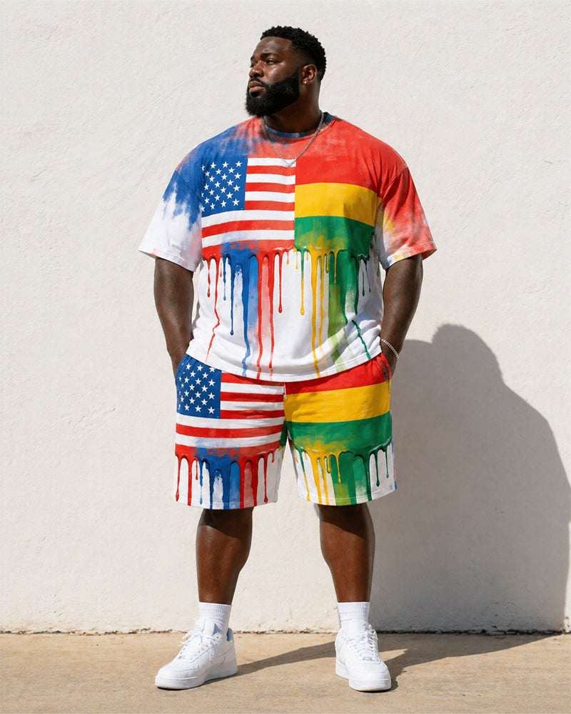 Big & Tall Men's Reggae Color Drip American Flag Printed Round Neck Short Sleeve T-Shirt Shorts Set