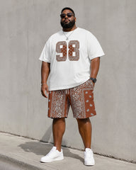 Big & Tall Men's Brown Paisley Patchwork Digital Printed Round Neck Short Sleeve T-Shirt Shorts Set