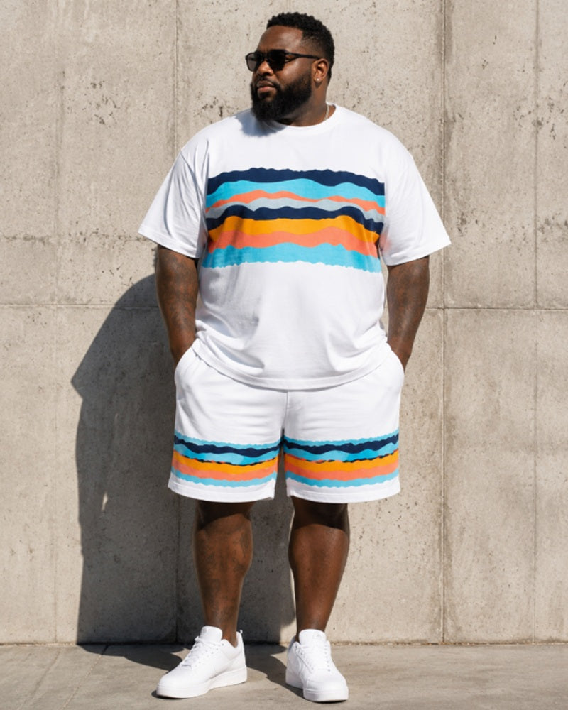 Big & Tall Men's Wave Rainbow Stripe Print Round Neck Short Sleeve T-Shirt Shorts Set