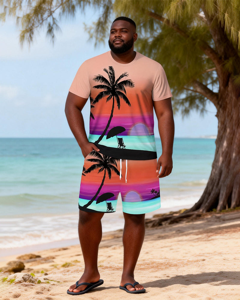 Big & Tall Men's Rainbow Sunset Coconut Print Round Neck Short Sleeve T-Shirt Shorts Set