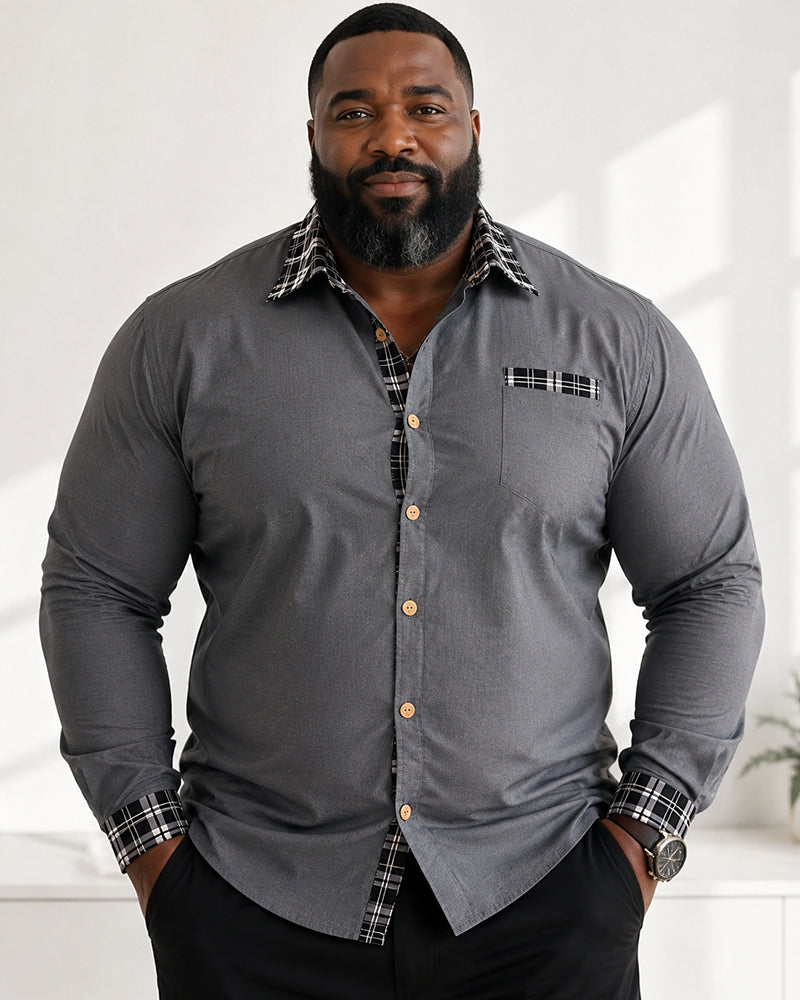Big & Tall Men's Black Lattice Contrast Printed Long Sleeve Shirt